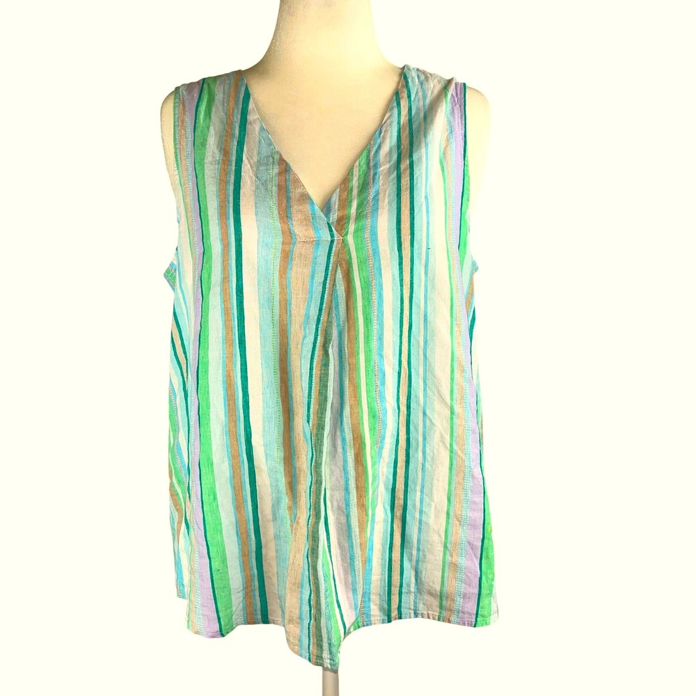 Time and Tru Striped V-Neck Sleeveless Tank Top in Green, Teal, Blue, Tan